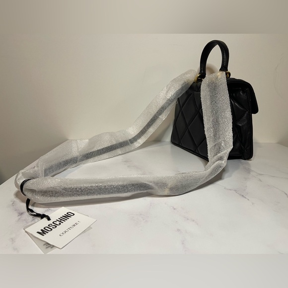 NWT MOSCHINO HEART STUDS QUILTED LEATHER SHOULDER BAG BLACK - Picture 9 of 15